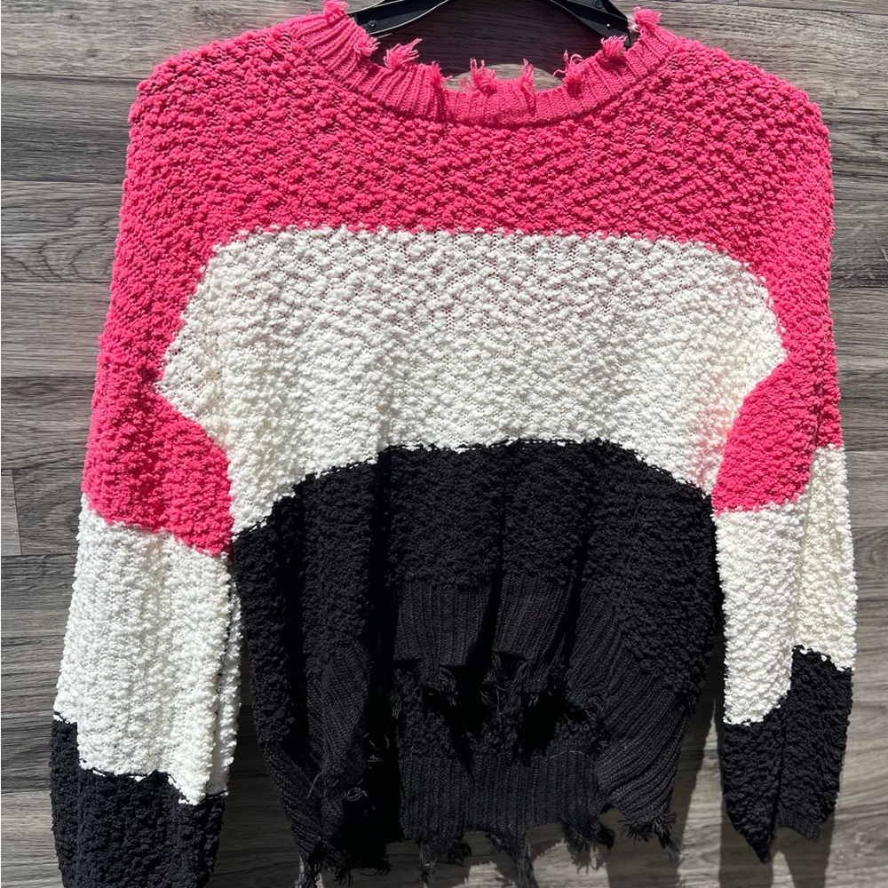 Chic Textured Sweater - Pink, White, and Black
